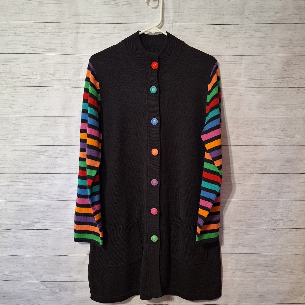 Bob Mackie Vintage Wearable Art Black Long Cardigan Rainbow Stripe Sleeve
